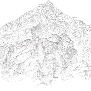 Aconcagua, la montaña más alta de Sudamérica, Andes, Cordillera Principal, Argentina. Ilustración que muestra las principales rutas de ascenso.