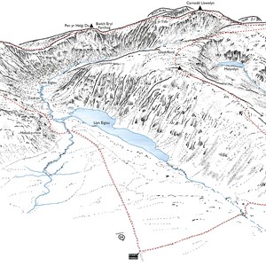 May include: A black and white line drawing of a hiking trail map with red dashed lines showing the trail route. The map shows the location of mountains, lakes, and other landmarks in the area. The map includes the names of the mountains and lakes, such as "Carned Llewelyn", "Pen yr Helgi Du", "Llyn Digiau", and "Foel Grach".