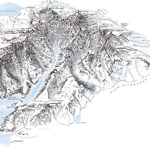 スカイ島のクイリン山脈。マンロー山脈と古典的なトラバースの詳細を示す線画