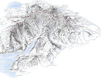 The Cuillin Ridge on the Isle of Skye. Line illustration detailing all the Munros and the classic traverse