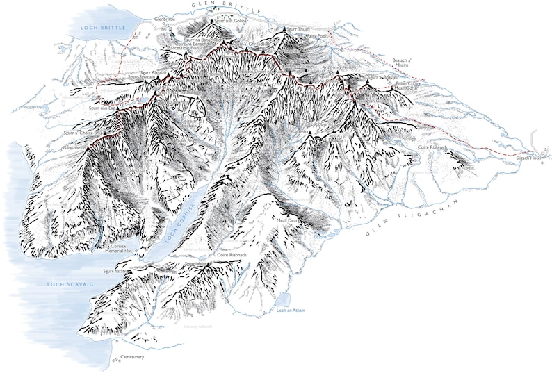 The Cuillin Ridge on the Isle of Skye. Line illustration detailing all the Munros and the classic traverse image 1