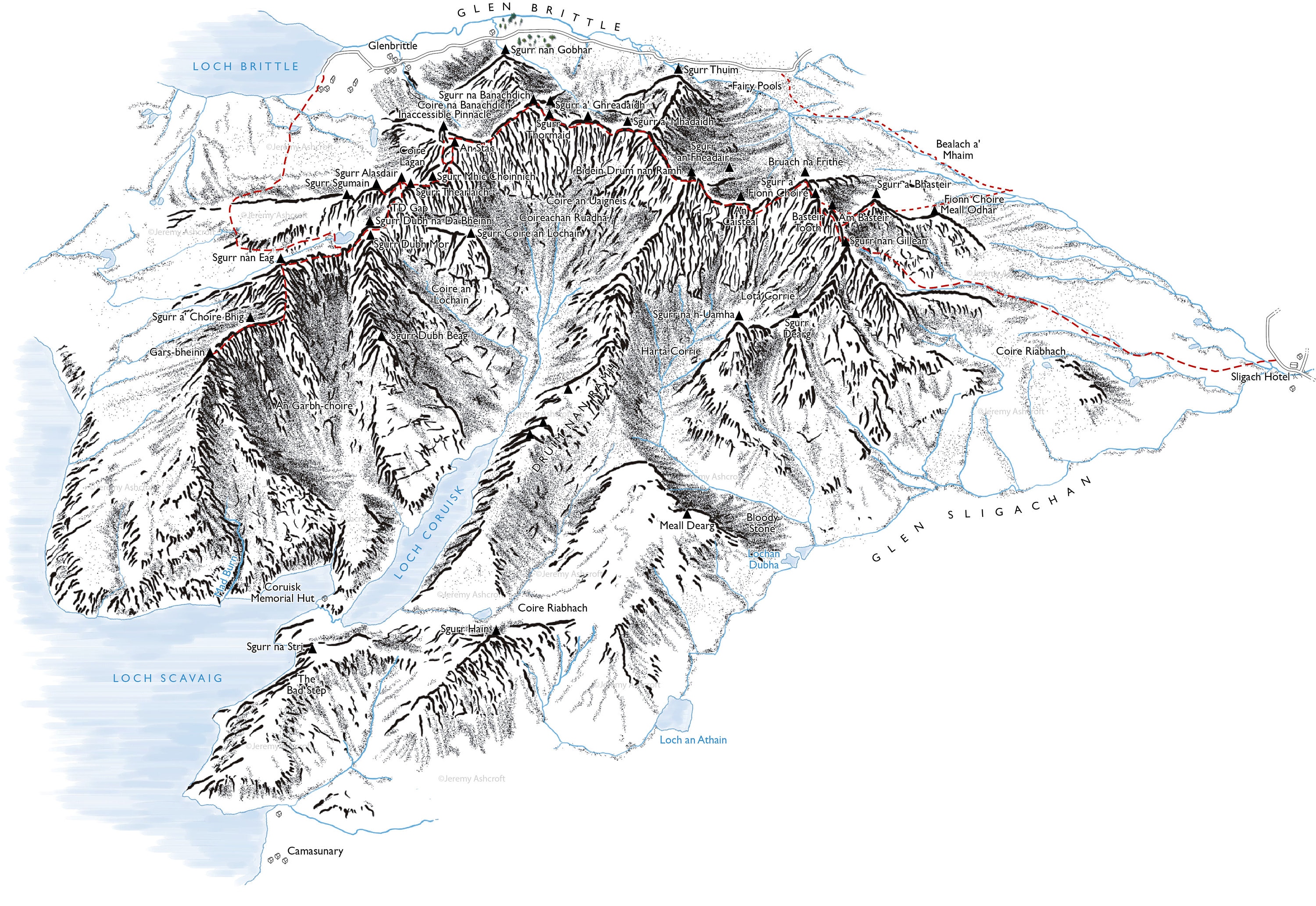 The Cuillin Ridge on the Isle of Skye. Line Illustration Detailing All ...
