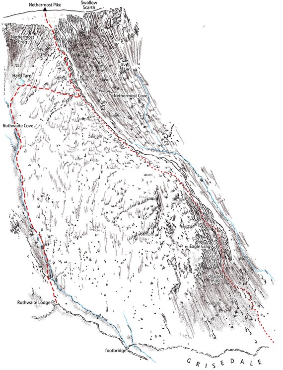 Northeast Ridge of Nethermost Pike Line illustrtaion detailing the classic scramble. Helvellyn
