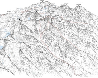 Mount Williamson, Shepherd Pass and Forester Pass from the Southeast (14er). Line illustration detailing the main climbs and approaches.