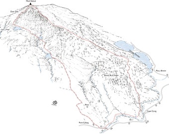May include: A black and white map of a hiking trail in Snowdonia National Park, Wales. The trail is marked with a red dashed line and includes the names of various landmarks, including Moel Siabod, Llyn y Foel, and Llyn Peris.
