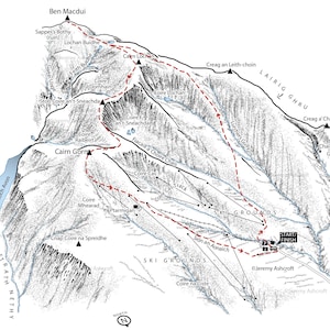 May include: A detailed map of a mountain range with ski grounds, trails, and points of interest. The map includes names like Ben Macdui, Cairn Gorm, and Coire Cas. The map is in black and white with red dashed lines indicating trails.