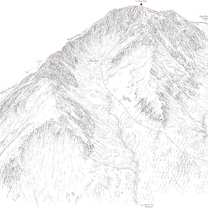 May include: A black and white topographic map of a mountain range with a red dashed line showing a hiking trail. The trail leads to the summit of La Plata Peak, which is marked with a black triangle. The map also shows the names of other trails, including the Lake Creek Trailhead and the Wave Windshield Trailhead.