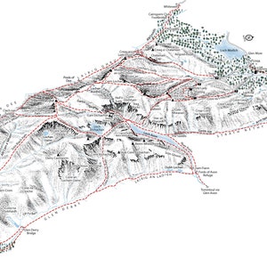 Vista general de Ben Macdui. Ilustración lineal que muestra las principales rutas de acceso a la cumbre.