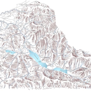 Buttermere, Newlands y las colinas del noroeste. Ilustración lineal que muestra todas las colinas, montañas y lagos.