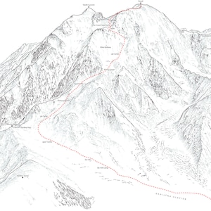 Denali (también conocido como Monte McKinley), la montaña más alta de América del Norte, cordillera de Alaska. Ilustración lineal que muestra todas las principales rutas de ascenso.