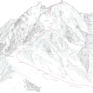 Denali aka Mount McKinley highest mountain in North America, Alaska Range. Line illustration showing the all the main asecent routes. image 1