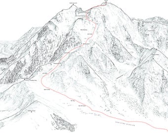 Denali (aka Mount McKinley) highest mountain in North America, Alaska Range. Line illustration showing the all the main asecent routes.