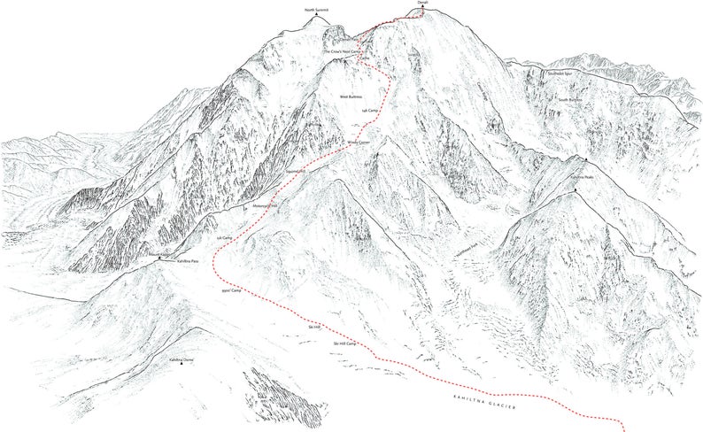 Denali aka Mount McKinley highest mountain in North America, Alaska Range. Line illustration showing the all the main asecent routes. image 1