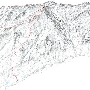 Mount Elbert, Northeast Ridge and Box Creek Couloirs. Line illustration of Colorado&#39;s highest mountain.
