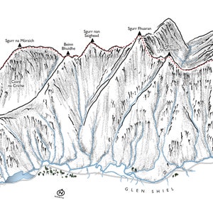 May include: A black and white topographical map of a mountain range in Scotland. The map shows the names of the mountains, including Sgurr na Moraich, Beinn Bhuidhe, Sgurr nan Saighead, and Sgurr Pharan. The map also shows the location of the Shiel Bridge and the Glen Shiel.