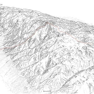 Pico White Mountain (14er), cordillera White Mountain, California. Ilustración lineal que detalla las principales subidas y accesos.