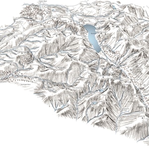 Ennerdale. Linienbild mit den Fjells, Bergen und Seen.