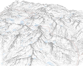 Muir Pass section of the John Muir Trail/Pacific Crest Trail.  Line illustration detailing the trail between Evolution Meadow and Le Conte.