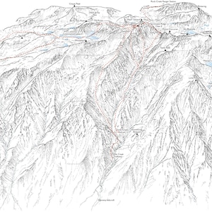 El monte Langley visto desde el noreste, California. Ilustración lineal que detalla las principales rutas de ascenso.