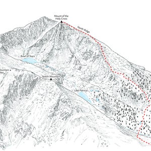 Mount of the Holy Cross, Colorado detailing the standard North Ridge approach. Line illustration.