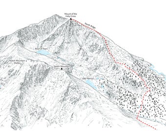 Mount of the Holy Cross, Colorado detailing the standard North Ridge approach. Line illustration.