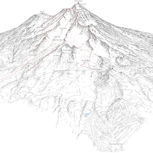 Op de afbeelding: Een zwart-witte lijntekening van een berg met rode stippellijnen die verschillende wandelpaden aangeven. De berg is gelabeld met "Mount Shasta 14,179 ft".