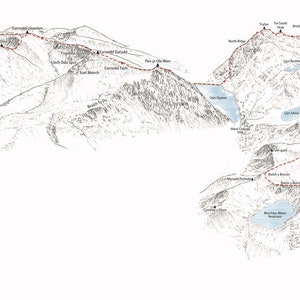 Los 3000ers galeses. Ilustración que detalla toda la ruta por Snowdon, Glyderau y Carneddau.