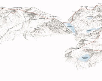 Welsh 3000ers. Illustrazione che illustra l&#39;intero percorso attraverso lo Snowdon, il Glyderau e il Carneddau.