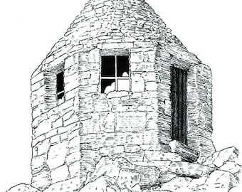 Agnes Vaille Shelter, Keyhole Route, Longs Peak, line illustration.