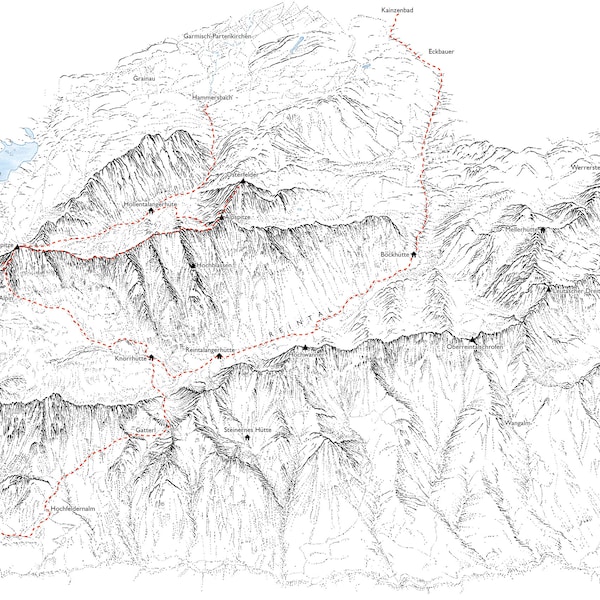 Zugspitze, Wettersteingebirge, Linie Illustration aller Hauptrouten und Landschaftsmerkmale.