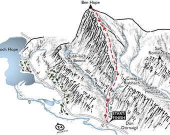 Ben Hope, Northwest Highlands, the most northerly Munro. Line illustration detailing the standard route.