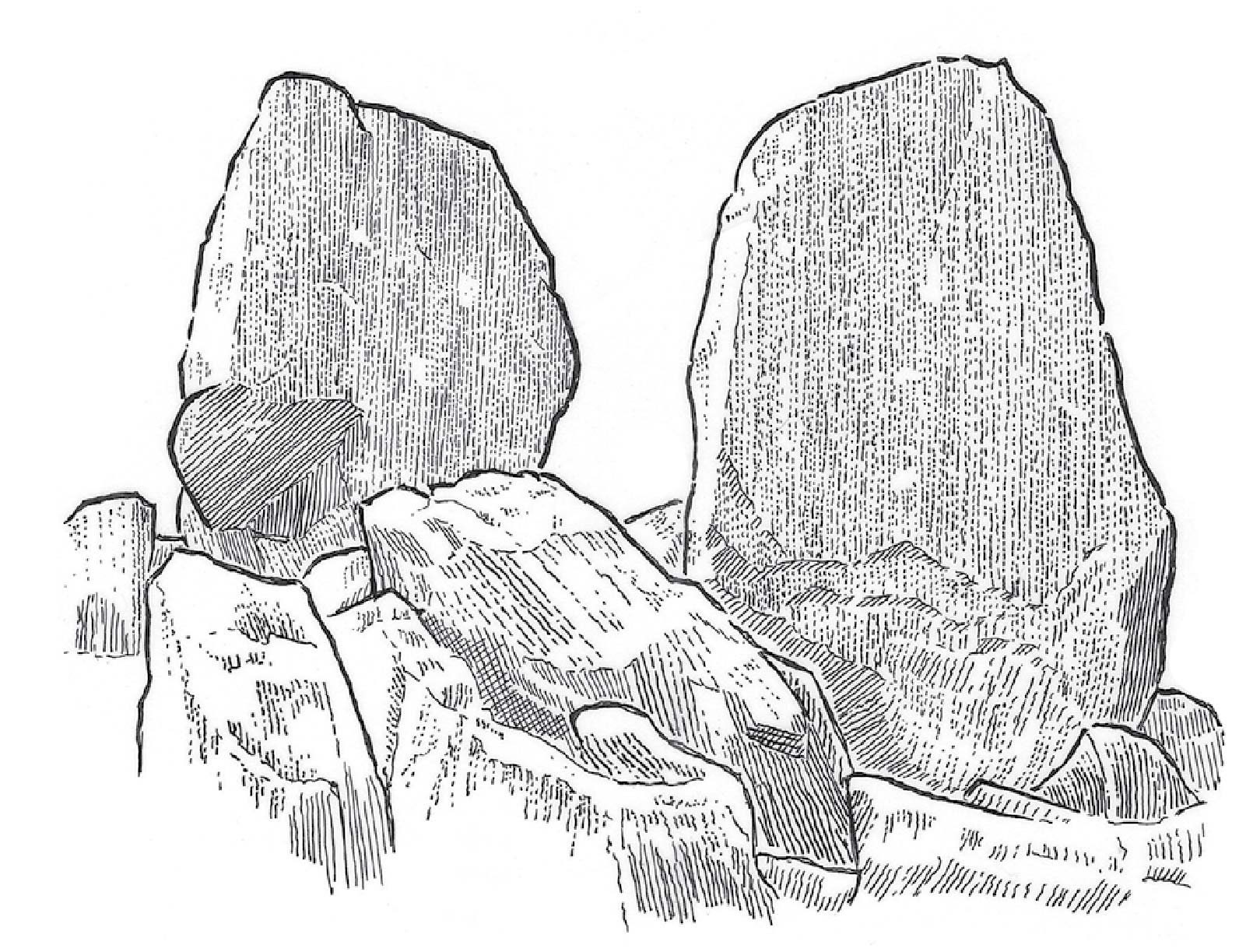 Adamo ed Eva, rocce della vetta di Tryfan. Illustrazione al tratto.