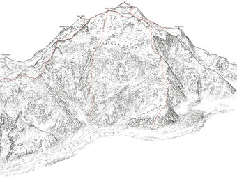 Denali, Wickersham Wall, Alaska Range. Line illustration showing the huge north face.