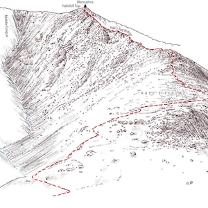 Hall&#39;s Fell Ridge, Blencathra, Lake District, line illustration showing the classic scramble.