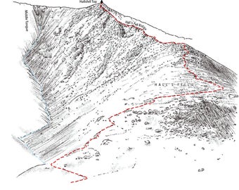 Hall's Fell Ridge, Blencathra, Lake District, line illustration showing the classic scramble.