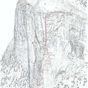 El Capitan, The Nose, Yosemite Valley, Californië. Lijnillustratie.