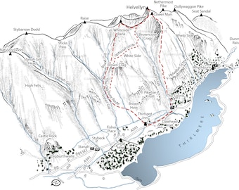 Helvellyn via The Old Pony Route. Line illustration showing the packhorse trail.