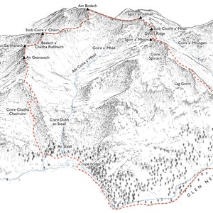 May include: A black and white line drawing of a mountain range with a red dashed line outlining a hiking trail. The trail goes through several named peaks and valleys. The text "Glen Nevis" is visible at the bottom of the image.