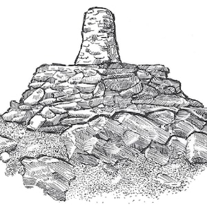 May include: A black and white line drawing of a stone cairn on a mountaintop.