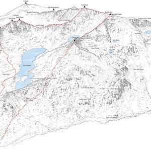 Snowdon Hufeisen. Linienillustration mit Details der klassischen Route.
