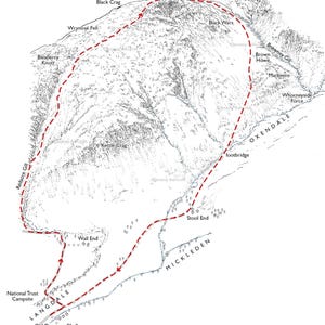 May include: A black and white map of a hiking trail in the Lake District National Park in England. The trail is marked with a red dashed line. The map includes trail names, landmarks, and points of interest.