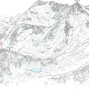 May include: A black and white illustration of a mountain range with a red dashed line showing a hiking trail. The trail leads to the top of Castle Peak.