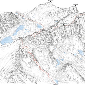 Mount Whitney and Mount Muir. Line illustration detailing the Whitney Trail and the John Muir Trail.