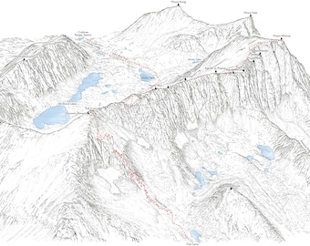 Mount Muir and Mount Whitney. Line illustration detailing the Whitney Trail and the John Muir Trail.