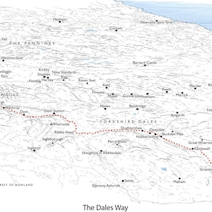 May include: A detailed map of the Yorkshire Dales Way, a long-distance walking trail in England. The map is in grayscale with a dotted red line marking the trail's path. The text "The Dales Way" is at the bottom.