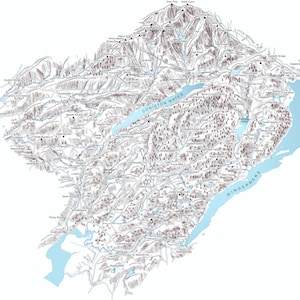 May include: Detailed black and white map of a mountainous region, featuring contour lines, rivers, and labeled locations. The map includes the names of mountains, bodies of water, and towns. The overall design is artistic and informative.