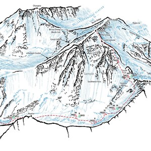 Mont Everest montrant la route du col sud. Illustration montrant tous les principaux monuments et emplacements des camps.