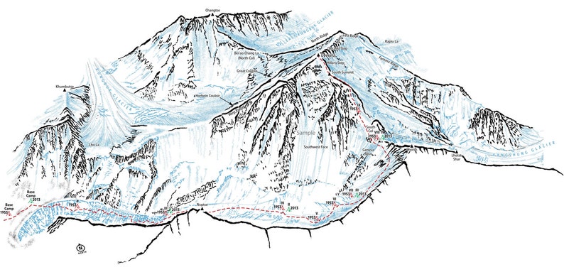 Mount Everest showing the South Col route. Line illustration showing all the key landmarks and locations of camps. image 1
