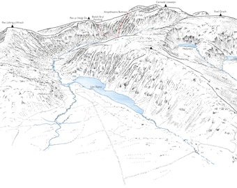 Amphitheatre Buttress, Craig yr Ysfa, Cwm Eigiau. Line illustration of the classic climb.