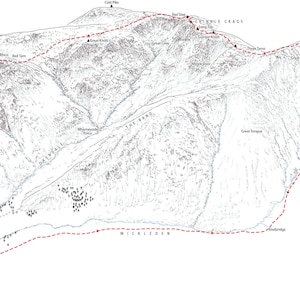 May include: A black and white map of a hiking trail with red dashed lines marking the trail. The map shows the names of various landmarks, including "Triple Crags", "The Bank", and "Mickledore".